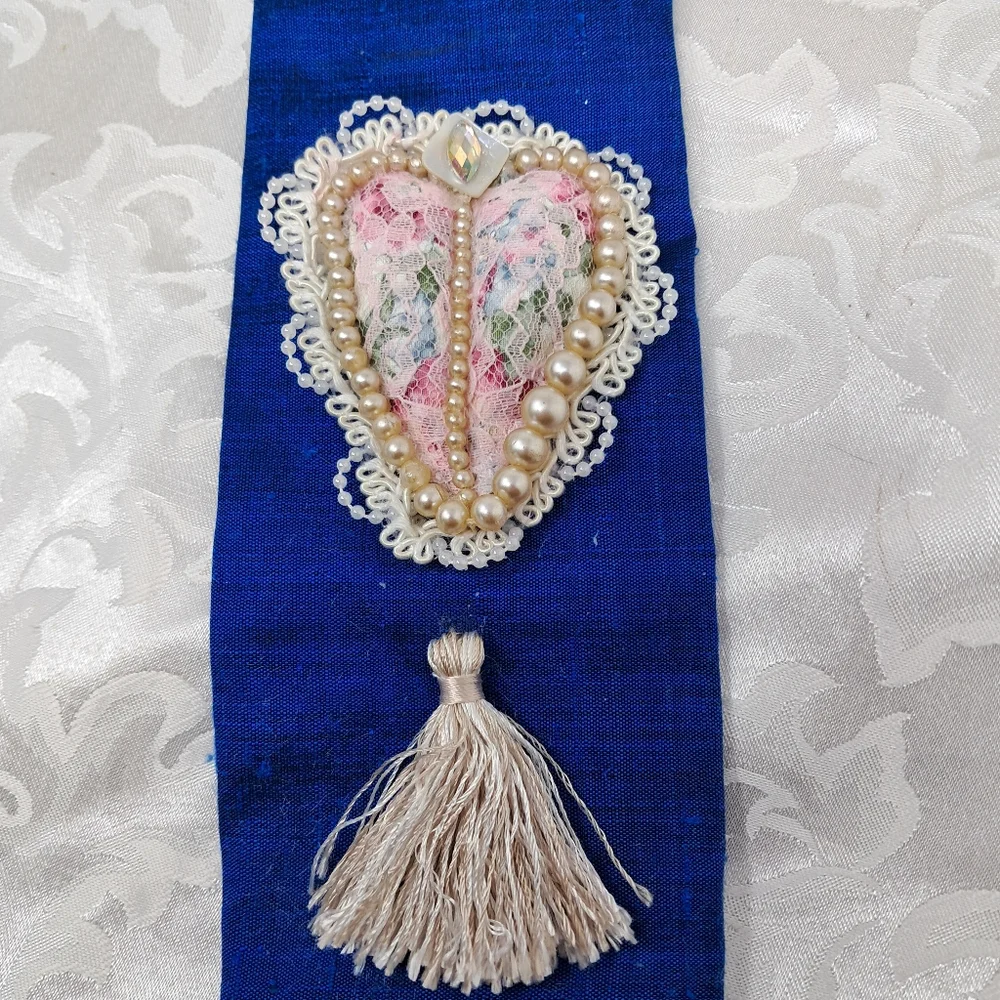 OOAK Handmade Textile Heart Flat Art Lace Pearls Silk